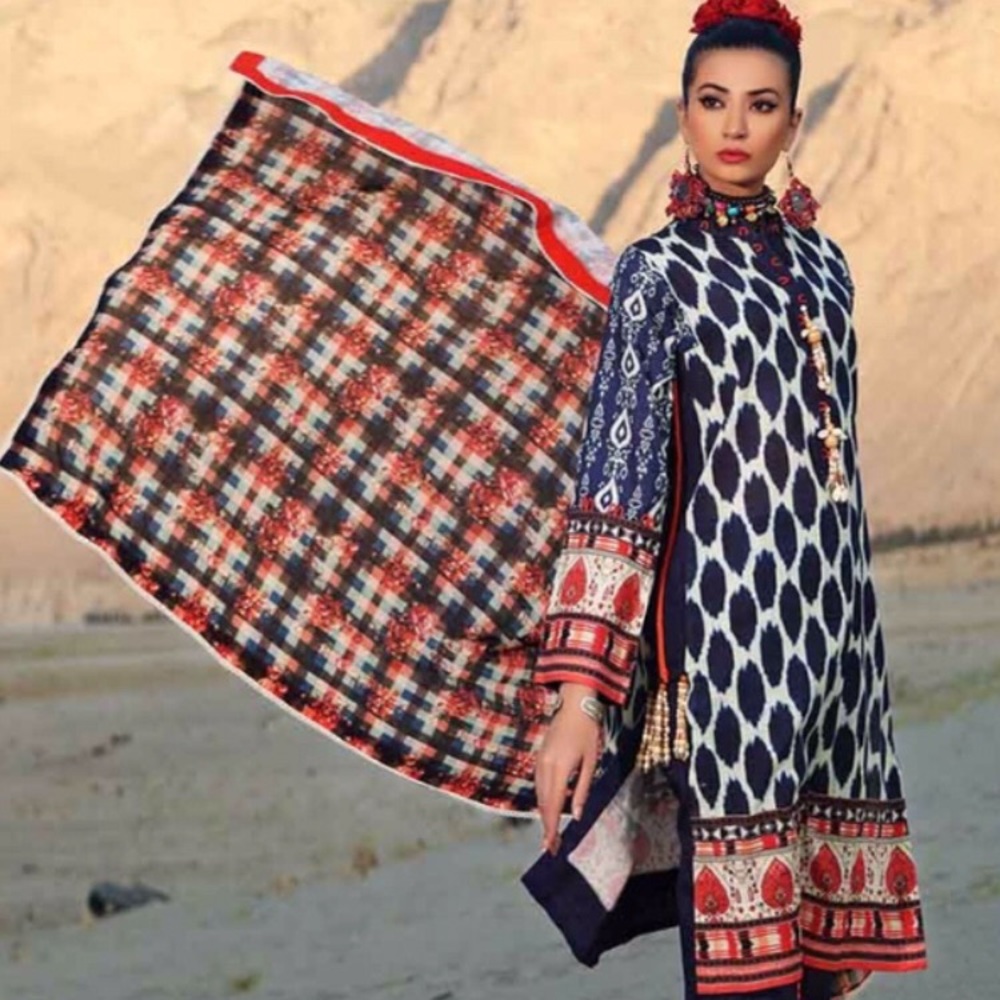 Ikat Navy Blue White Tunic wth Trouser Shalwar Kamees